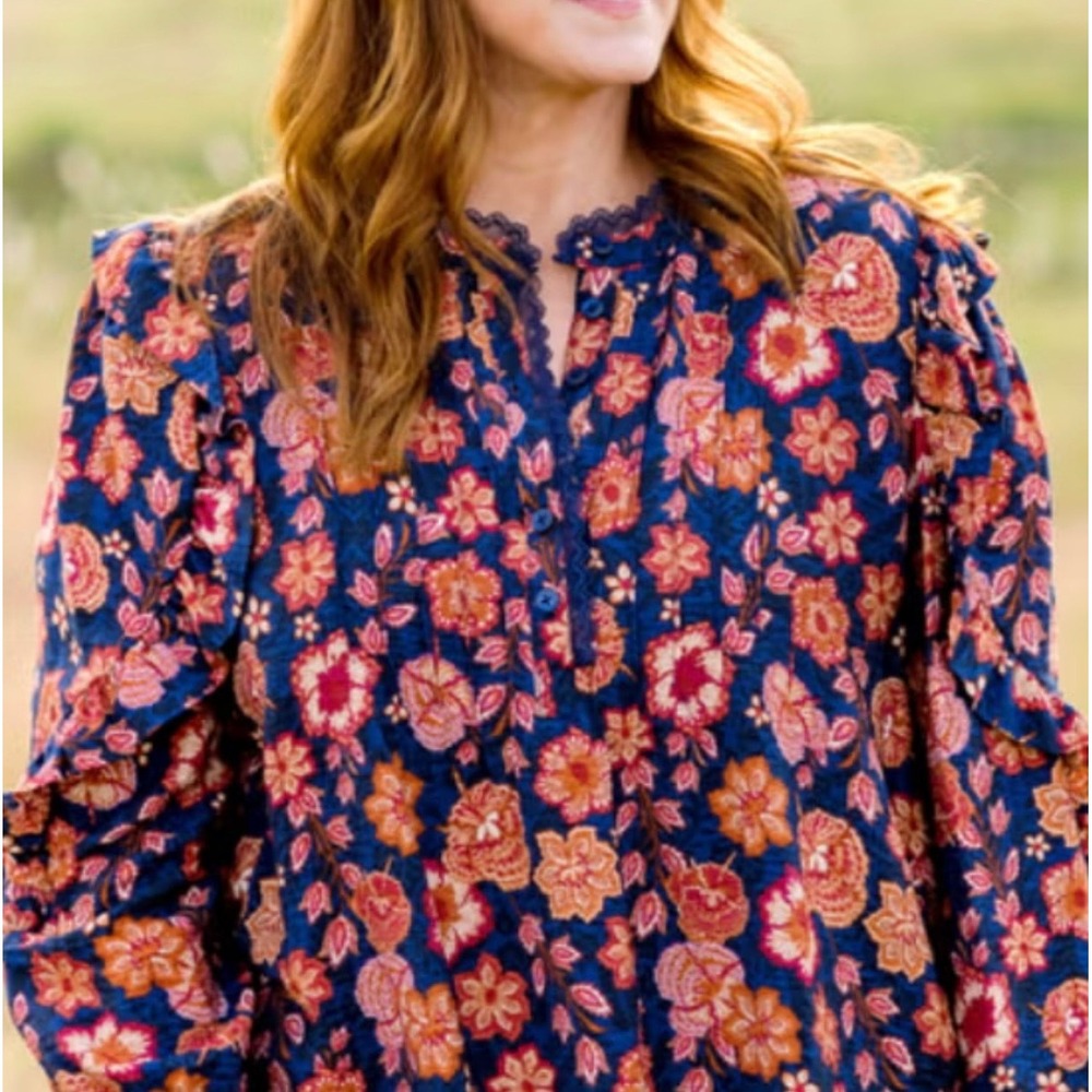 The Pioneer Woman Floral Ruffle‎ Henley Blouse Navy Orange 3X TPW24S32011 NEW